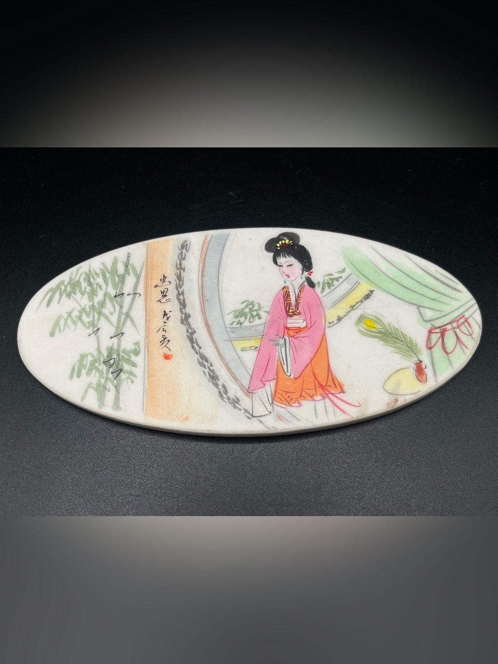 Antique Hand-Painted on Marble Plaque Art Signed